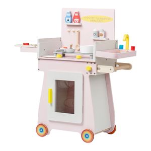COMMIKI Wooden Kitchen BBQ Cart Toy for Kids Pretend Cooking and Selling Play with Cash Register Role Play Educational Toy