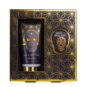 OEM Skull Chic Gift Set in Stylish Gift Box, Hand and Nail Cream, Necklace with Skull Pendant, 3-Piece Set for All Skull Lovers