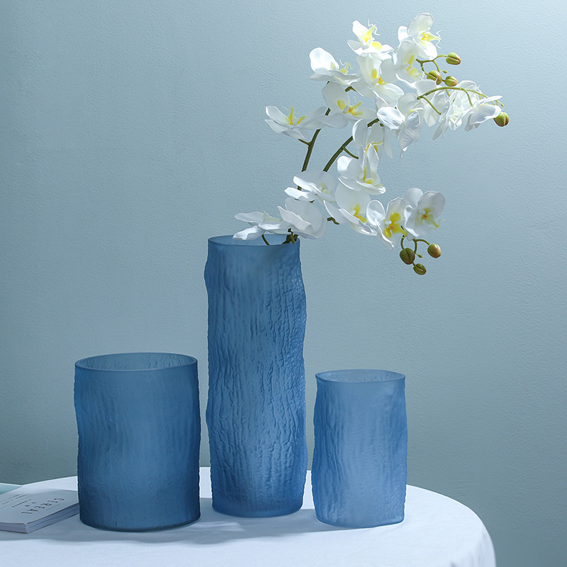 Wholesale Blue Nordic Modern Matte Frosted Ribbed Glass Vase