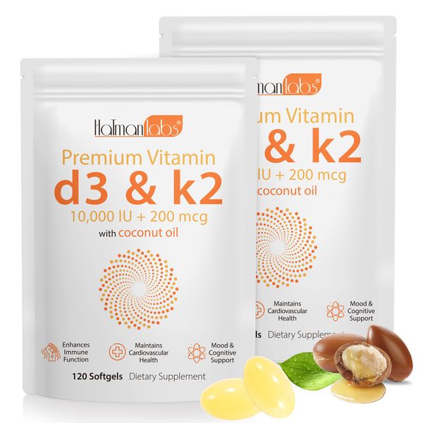 Hatmanlabs Private Label Vegan 10000iu Premium Vitamin D3 K2 Softgel Capsules Supplements with Coconut Oil for Immune Support