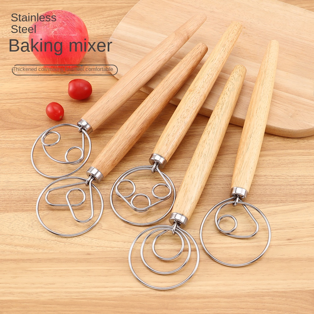 Multi Shape 13 Inch Oak Flour Beater Dough Mixer Manual Double Ring Single Ring Egg Whisk Steel Tool for Hand Laying