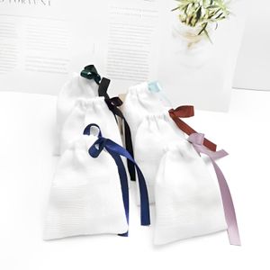 Custom Logo Ribbed Ribbon White Cosmetic Earphone Drawstring Cotton Small Bag