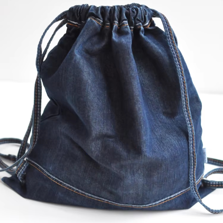 Retro Trend Customizable logo Women's Jean Fabric Drawstring Denim Bags with Pocket Student Bags for Lady