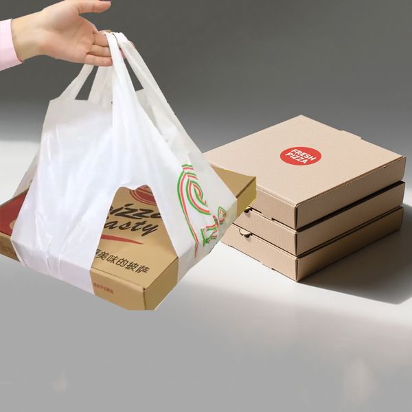 Food Packaging Grab Bag for Pizza Box Plastic Carry Delivery Bag with Handle and Custom logo Plastic Food Bag