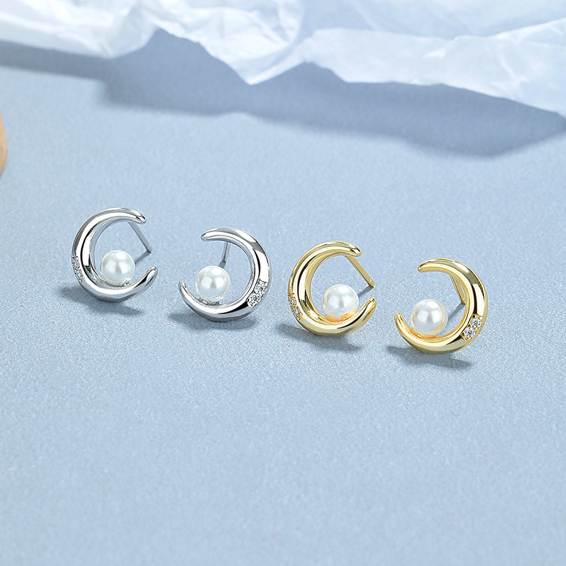 Summer Earrings 925 Sterling Silver Fashion Earrings Jewelry Women Moon Pearl Zircon 18k Gold Plated Stud Earrings