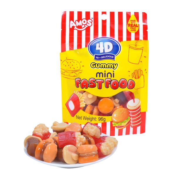 Amos 4D Fastfood 96G Hamburger Shape Jelly Gummy Sweet Bulk Wholesalers Sour Mix Cartoon Candy Gummies Candy