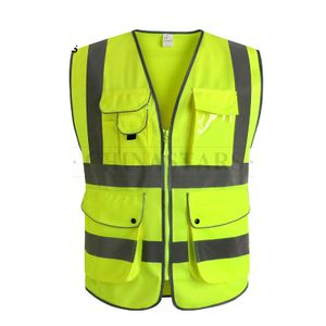 Wholesale Polyester Knitted Fabric Safety Yellow Reflective Vest Workwear with Multifunctional Pockets