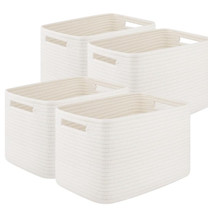 Hot Selling Wholesale Woven Cotton Rope Folding  White Color Set of 4  Rectangle Living Room Storage Baskets for Sundries