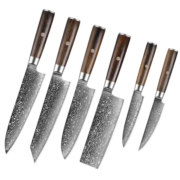 6-Piece Damascus Steel Kitchen Knife Set 67-Layer Stainless Steel Chef Kiritsuke Santoku Nairi Steak Utility Knife