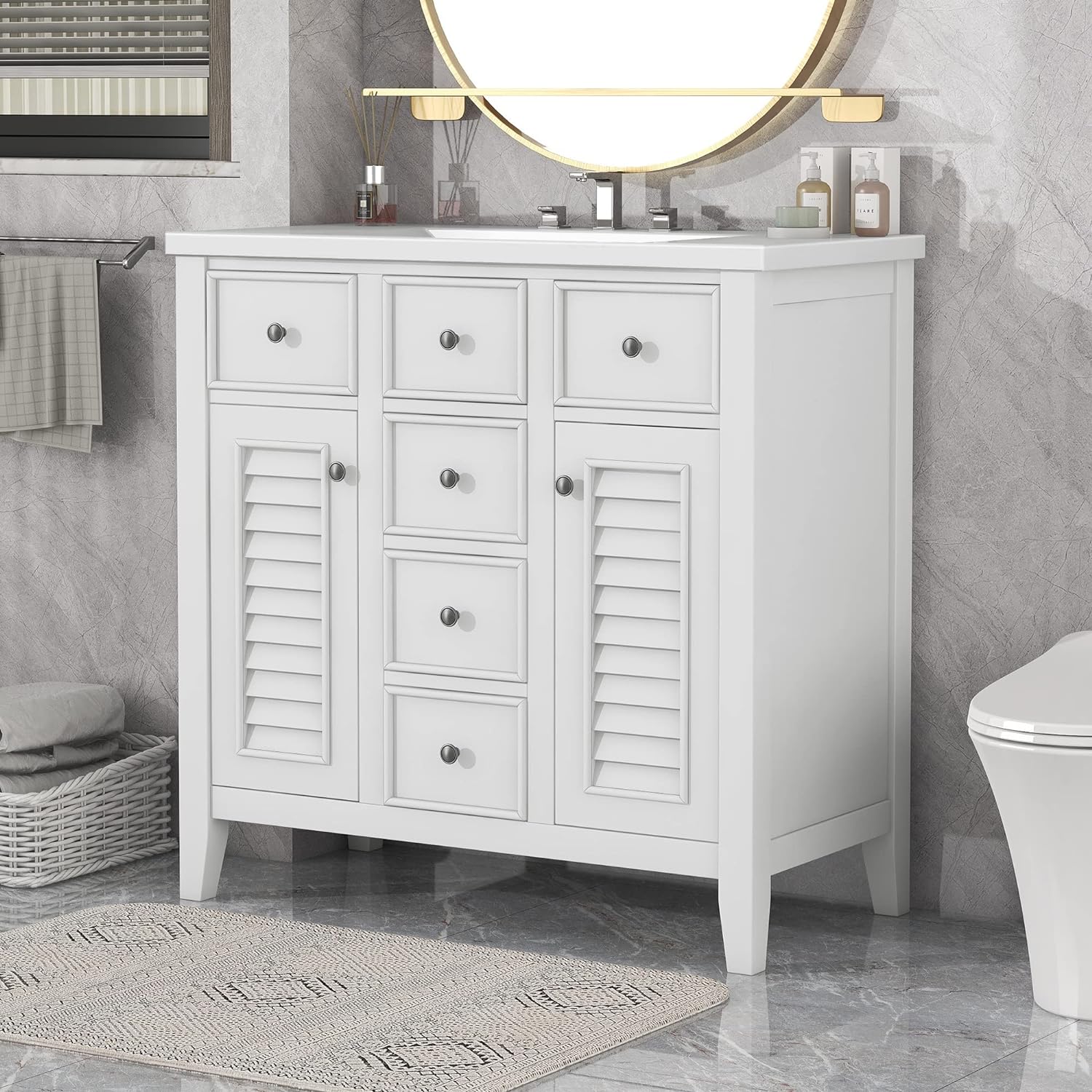 Floor Standing 36" Modern Bathroom Vanity with Ceramic Basin Sink Bathroom Storage Cabinet Vanity