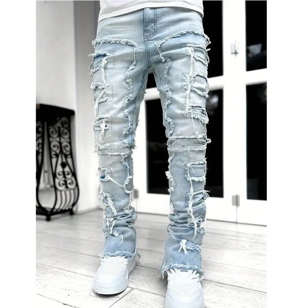 HEZ Custom Your Branded logo Slim Fit Stylish Skinny Flared Denim Jeans Distressed Stacked Rough Edge Denim Jeans