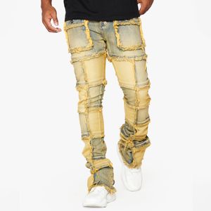 HEZ Factory Wholesale Custom Trousers Flare Stacked Denim Jeans Flare Raw Edge Patchwork Ripped Distressed Denim Jeans for Men