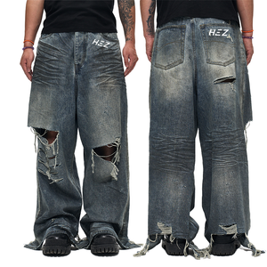 HEZ JAYDEN Garment Factory Custom Jeans Loose Baggy Men Denim Pants Destroyed Holes Ripped Jeans for Men