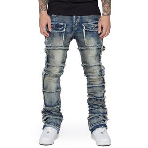 HEZ Wholesale Custom Stacked Slim Fit Vintage Washed Blue Raw Denim Jeans Skinny Cargo Flare Leg Jeans Trousers for Men