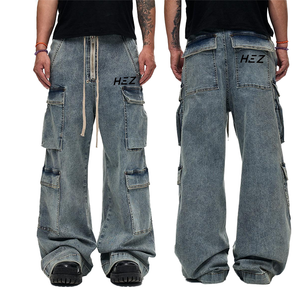 HEZ GARMENT High Quality Loose Baggy Multi Pocket Denim Jeans Oversized Vintage Washed Denim Trousers for Men
