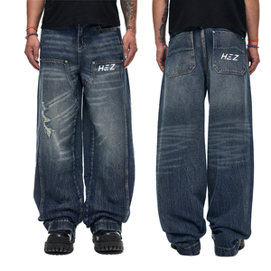 HEZ Garment Jeans Custom Men Loose Baggy Denim Jeans Distressed Ripped Denim Carpenter Pants for Men