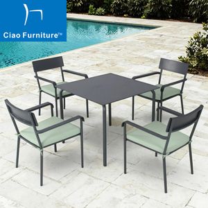 Modern Outdoor Seating Restaurant Black Aluminum 4 Seater Dining Table Chairs Set for Porch