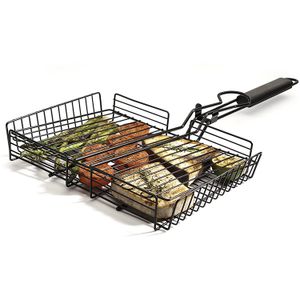 Grill Basket Set Wire Mesh Portable Wooden Handle Nonstick BBQ Rotisserie Utensils Grilling Basket Net