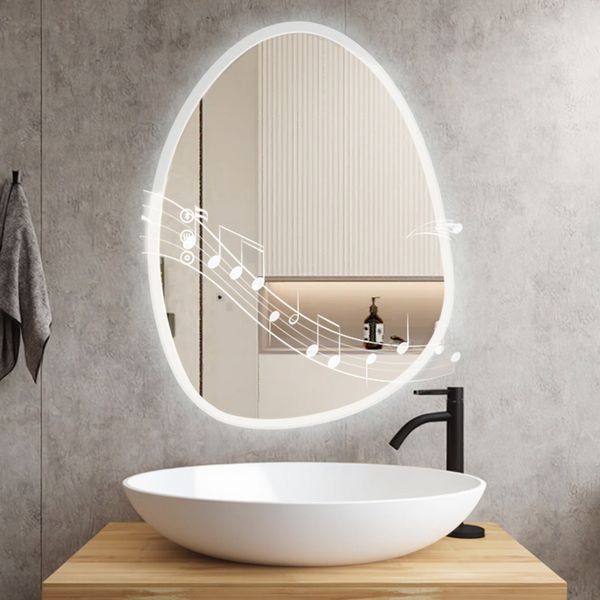 Bathroom Mirror with Lights Anti-Fog 3Color Bluetooth Speaker Asymmetric Dimmable Wall Mirror IP44 Waterproof LED Touch Mirror