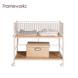 2 Tiers Wire Basket Bathroom Rolling Towel Storage Cart Wooden Panel Mobile Clothing Cart