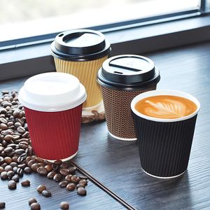 Xiamen Commercial Disposable Coffee Cups with Lids Thickened Corrugated Waterproof Ripple Wall Paper Cups for Hot Tea Milk Juice