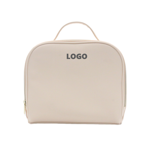 OEM Waterproof Vegan Leather Makeup Storage Bag Custom Logo Promotional Vanity Zipper Bag Beige PU Travel Cosmetic Organizer Bag