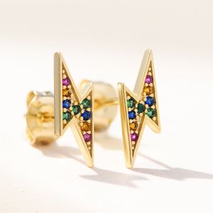 S925 Sterling Silver Micro-inlay Colored Zircon Stud Earrings for Women 14K Gold Plated Geometric Lightning Earrings Jewelry