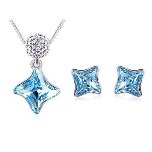 Blue Geometric Crystal Necklace Earrings Jewelry Set for Women Rhodium Plated with Rhinestones for Weddings Parties and Gifts