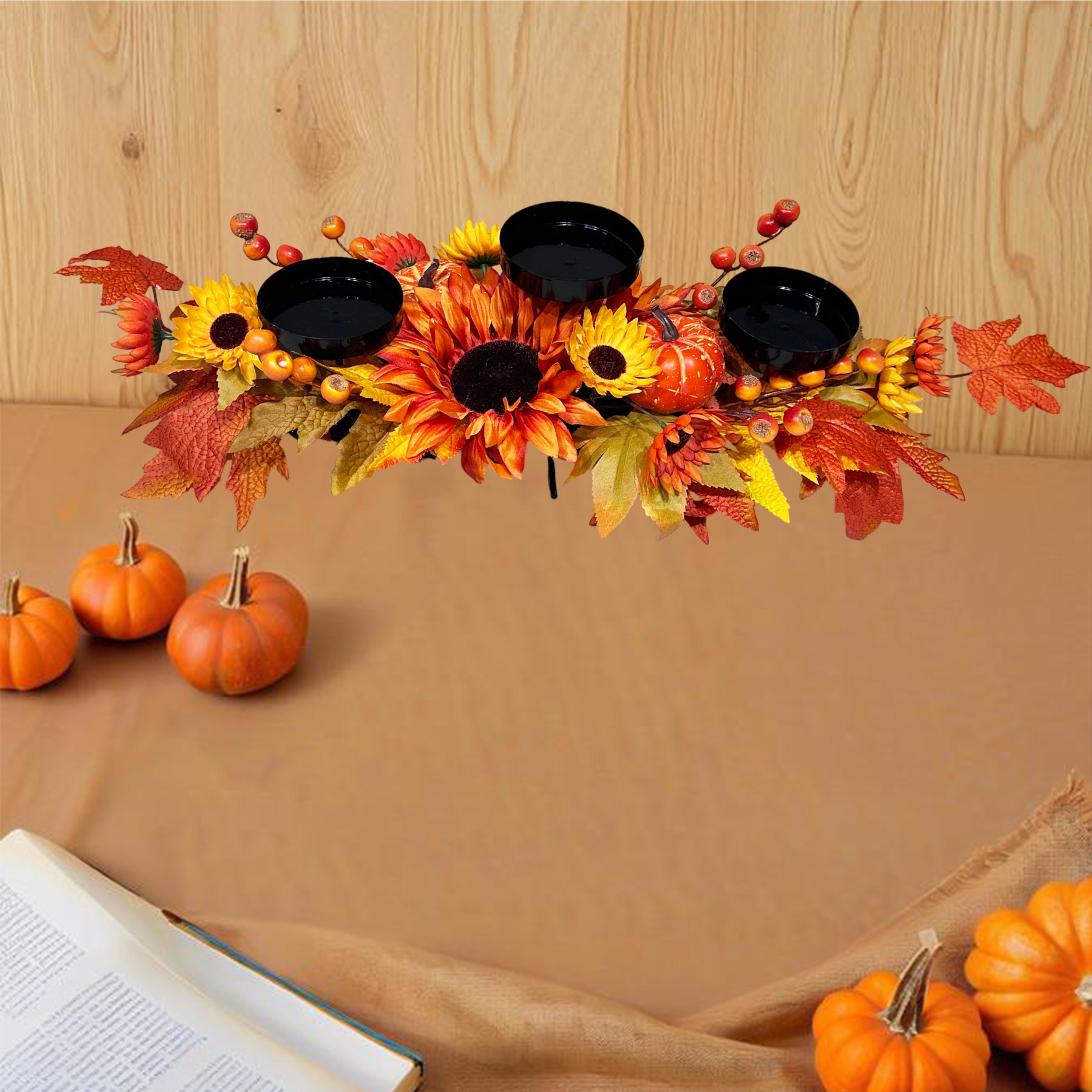 27Inch Lifelike Pumpkin Sunflower Three Candle Holder Halloween Harvest Festival Home Decor Autumn Color Wire Plastic Fabric
