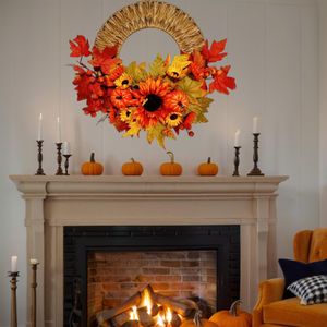 24 Inch Lifelike Pumpkin Sunflower Half Wreath for Thanksgiving Halloween Harvest Festival Autumn Home Decor Hanging Display