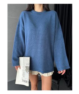 Women's Casual Navy Blue Oversized Long Sleeve Tunic Winter-Fall Flat Knitted Jumper Pullover with Dropped Shoulder
