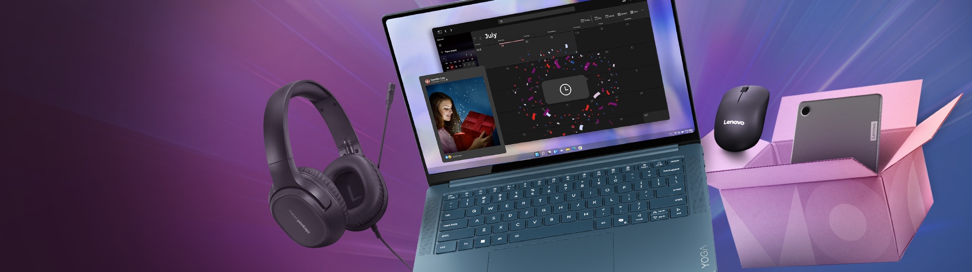 Yoga Laptop with IdeaPad headphones next to it and a Lenovo Mouse and tablet