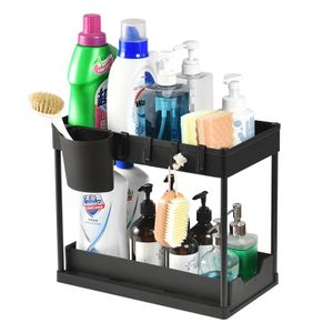 WIREKING Under Sliding Cabinet Basket Organizer 2 Tier Storage Bathroom Sink Organizers and Black for Kitchen