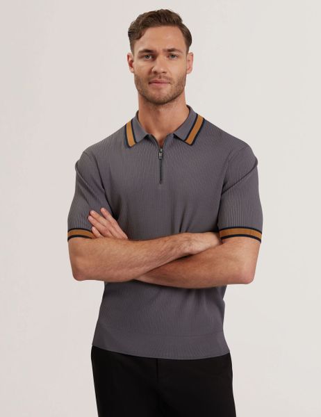 Striped trim zip neck ribbed polo shirt