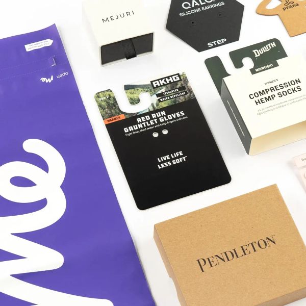 paper hang tags, stickers, plastic packaging, labels, and instructional materials