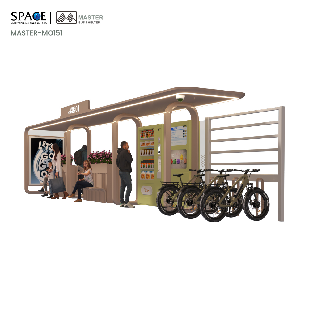 Dongguan Space Electronic Science & Tech Co., Ltd. High Design Open Bus Shelter Custom Rectangle Shape Aluminum Frame LED Urban Intellint Aesthetic Solution Glass Made Steel Metal