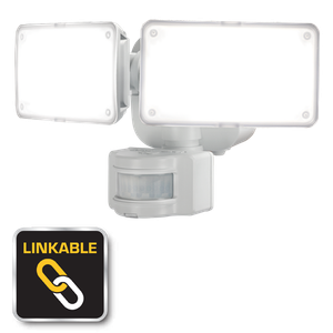 DFI-0654LK-WH/BK Wirelessly Linkable Defiant 180-Degree White Motion Activated Solar Powered Outdoor 2-Head LED Security Flood Light 1000 Lumens. Available in White or Black.