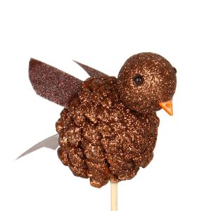 Pick bird Lola glitter 8cm +50cm stick brown 25pce/bag