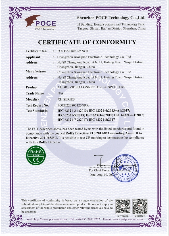 Changzhou Xionghao Electronic Technology Co., Ltd Optical Fiber Cables