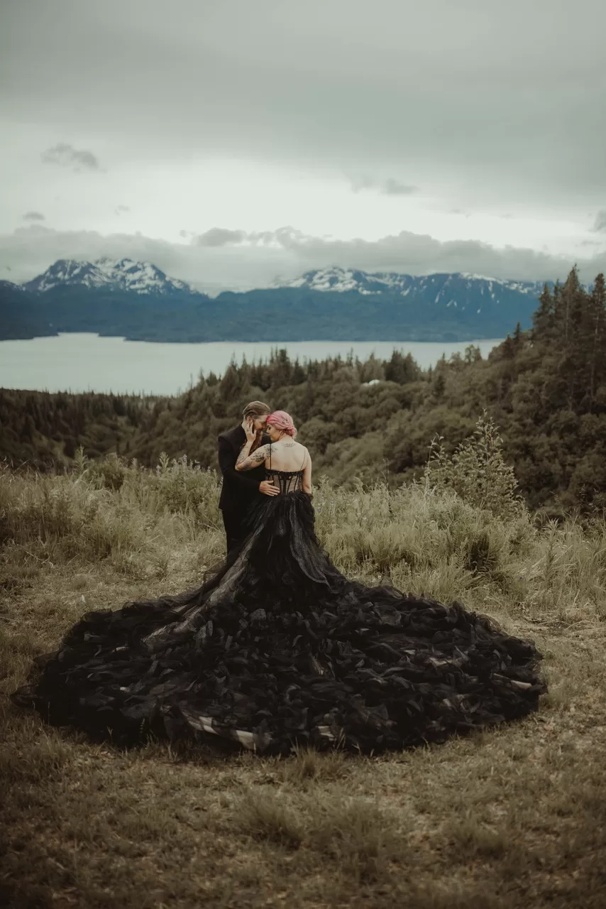 A.Cherie Couture Black wedding dress alaska couple