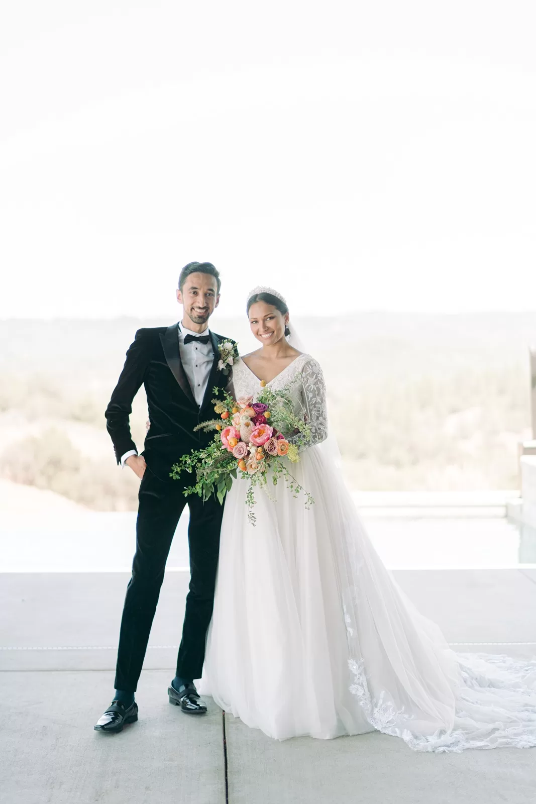 California wedding bride with overskirt