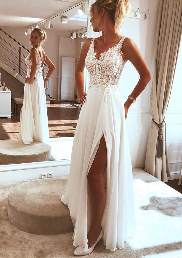Princessly A-line V Neck Sleeveless Long Chiffon Wedding Dress, Split Beading Lace