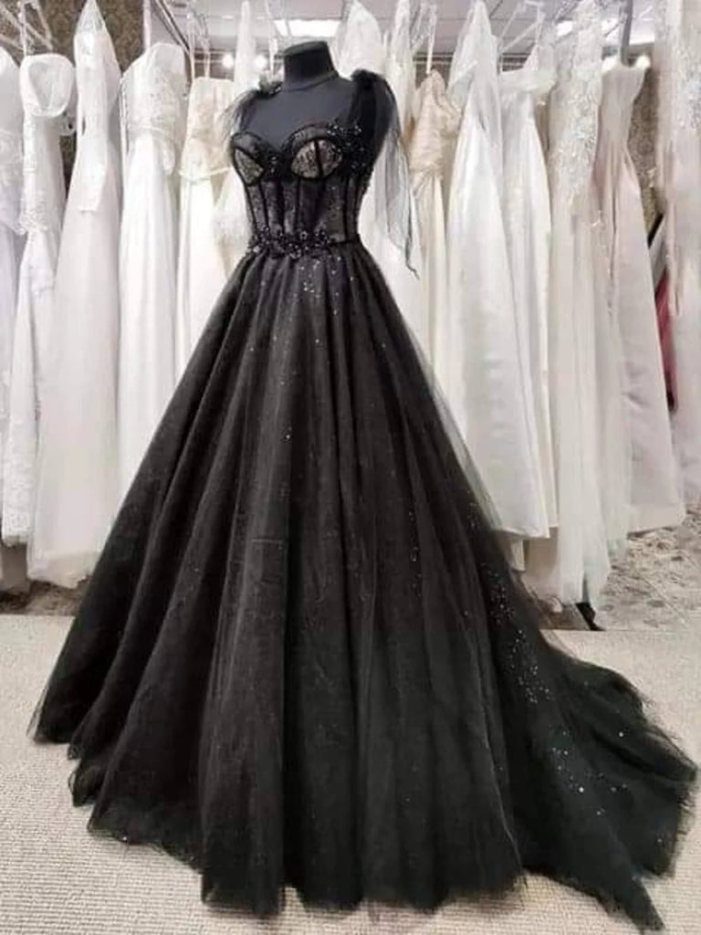 Princessly Glitter Lace Tulle Sweetheart Corset Court Black Wedding Dress
