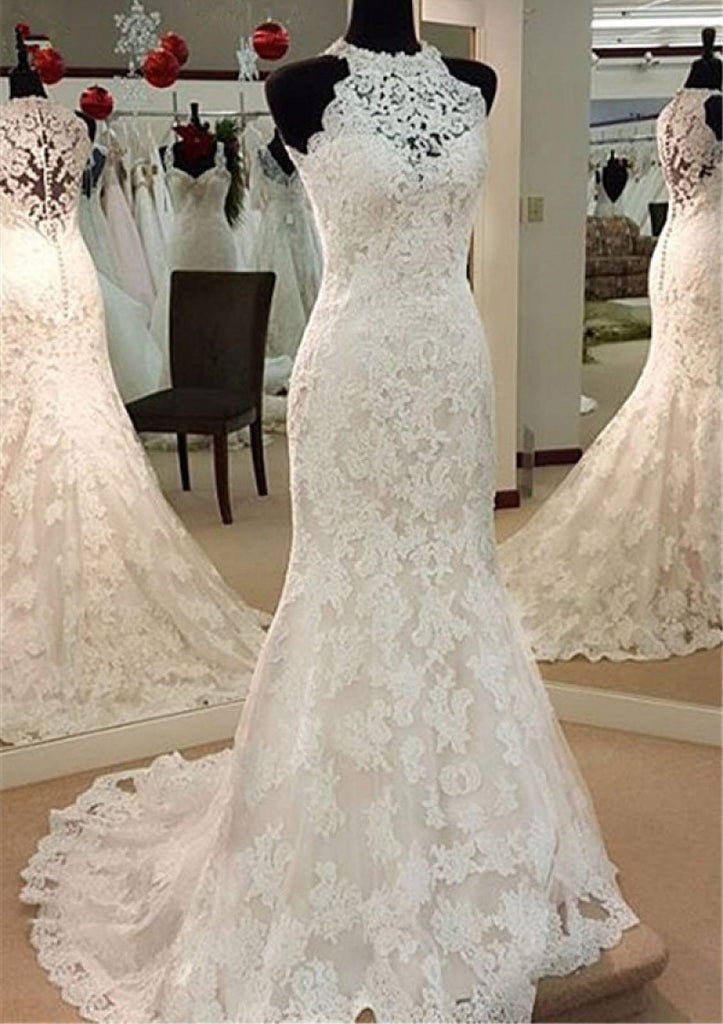 Princessly Trumpet Jewel Neck Sleeveless Sweep Ivory Lace Wedding Dress