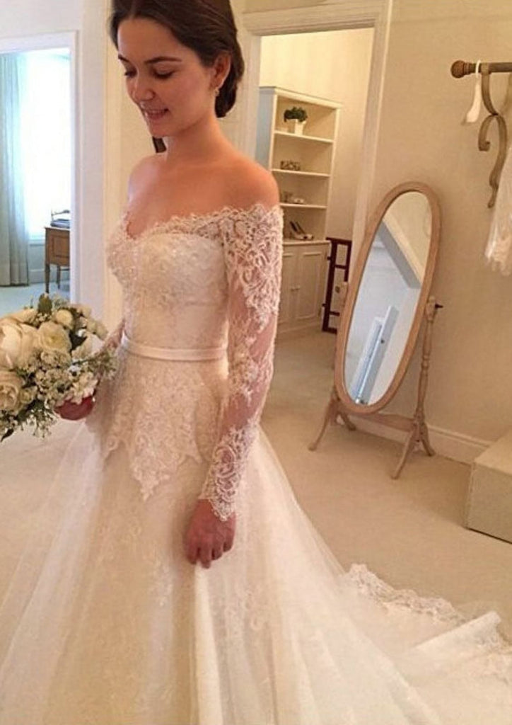 Princessly Long Sleeve Off Shoulder Chapel Lace Train Wedding Dress
