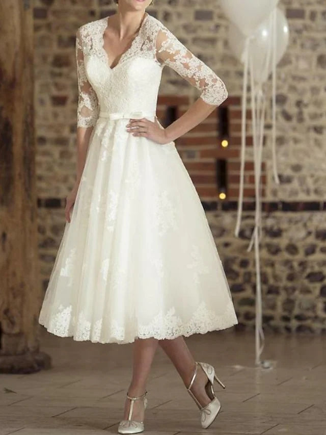 Princessly A-Line Wedding Dress Tea Length 3/4 Sleeve V Neck Lace Tulle Bridal Gown