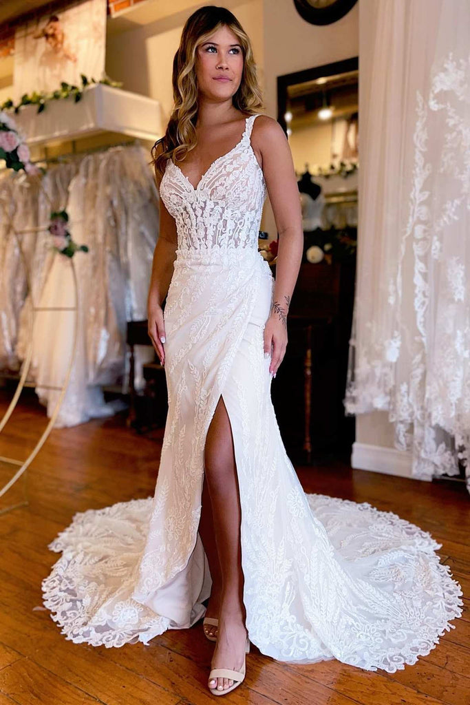 Princessly Mermaid V Neck Straps White Floral Lace Floor Length Wedding Dress, Slit Buttons