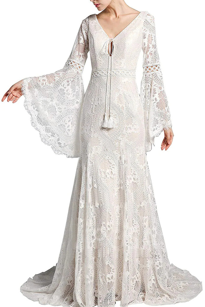 Boho Lace Long Bell Sleeves V Neck Mermaid Sweep Lace Wedding Dress