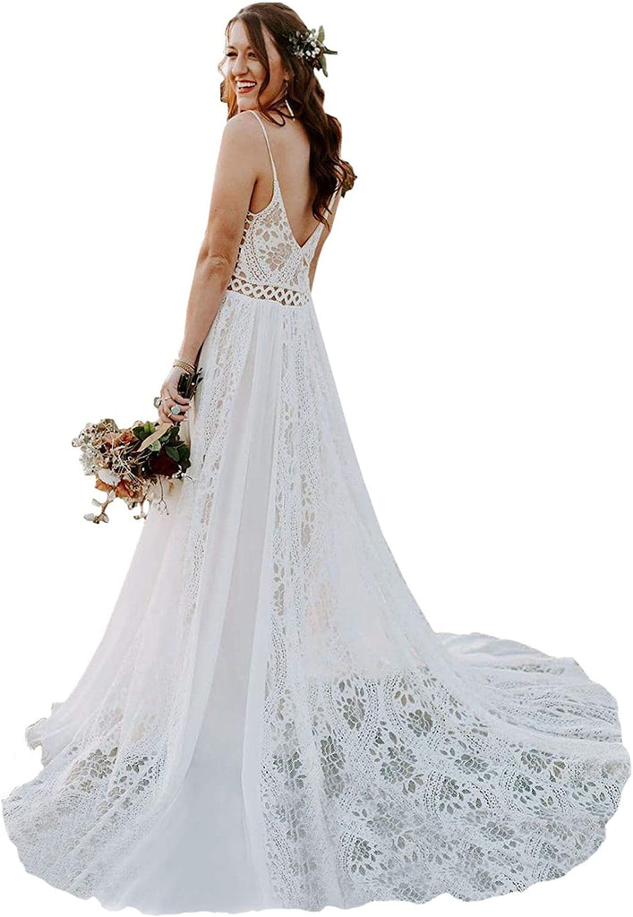 Bohemian Spaghetti Straps V-neck Lace-up Court Lace Wedding Dress