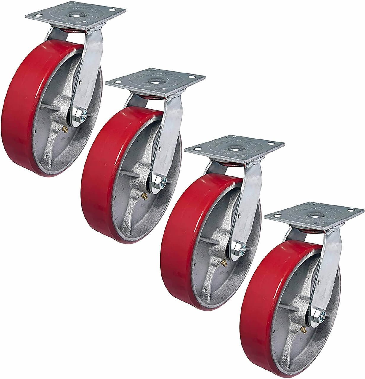 LINCO Casters & Industrial Supply Linco 8" Heavy Duty Polyurethane Caster Wheel | Set of 4 Swivel Casters with Red Poly on...